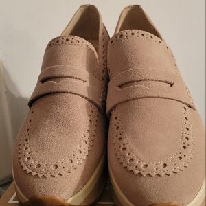 Tan Suede Loafers with Brogue Detailing